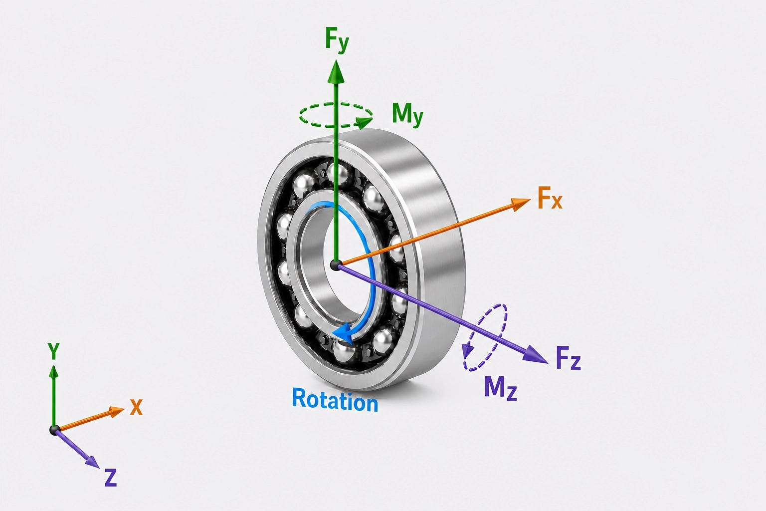 Isometric ball bearing with an open bore showing X along the bearing axis, radial Y and Z directions, forces Fx, Fy, and Fz, bending moments My and Mz, and inner-ring rotation